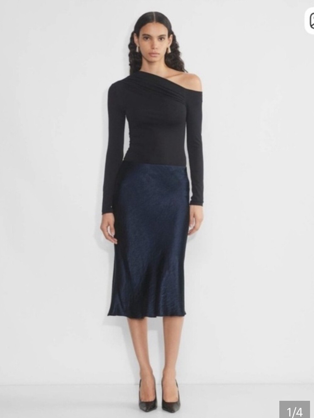 Aritzia Babaton Navy Crinkled Satin Midi Skirt